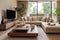 Beige corner sofa against tv unit. Interior design of modern living room