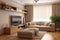 Beige corner sofa against tv unit. Interior design of modern living room