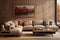 Beige corner sofa against of wooden paneling wall. AI generate