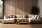 Beige corner sofa against of wooden paneling wall. AI generate