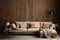 Beige corner sofa against of wooden paneling wall. AI generate