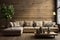 Beige corner sofa against of wooden paneling wall. AI generate