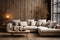 Beige corner sofa against of wooden paneling wall. AI generate