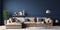 Beige corner sofa in room with dark blue walls. Interior design of modern living room