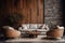 Beige corner sofa and round armchairs against wooden paneling wall with stone texture poster