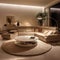 Beige corner sofa, round coffee table and brown recliner chairs in luxury room at night. Minimalist home interior design of room