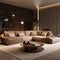 Beige corner sofa, round coffee table and brown recliner chairs in luxury room at night. Minimalist home interior design of room