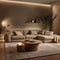 Beige corner sofa, round coffee table and brown recliner chairs in luxury room at night. Minimalist home interior design of room