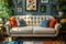 a beige couch with a colorful pillow, and other home decor items, in the style of minimalistic modern, gray and amber