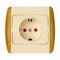 Beige electric plastic socket with wooden inserts close-up, isolate