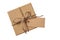 Beige isolated recycle gift box top view with tag on a white background