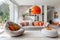 Beige lounge chair near curved sofa with orange vibrant cushions and big ball pendant light. Minimalist home interior design