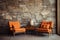 Beige lounge chair near orange loveseat sofa against wood and stone paneling wall. Mid-century style home interior design