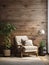 Beige lounge chair and rustic wooden decor panel on wall. Interior design of modern living room