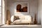 Beige loveseat sofa in small room. Interior design of modern rustic living room. Created with generative AI