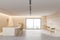 Beige modern bar interior with counter and stools