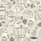 Beige seamless patterns with coffee set, coffee maker, muffin, cup, flower. Beige Background with coffee set. Ideal for printing