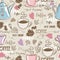 Beige seamless patterns with coffee set, heart, flower and text.