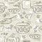 Beige seamless patterns with different tableware, flower, pot, saucepan, cup. Ideal for printing onto fabric and paper or scrap