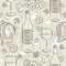 Beige seamless patterns with red wine set, cask, barrel, wineglass, grape and cheese. Ideal for printing onto fabric and paper or