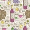 Beige seamless patterns with red wine set, cask, glass, grapes,