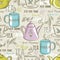 Beige seamless patterns with tea set, leafs, flower and text.