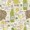 Beige seamless patterns with white wine set, cask, glass, grapes