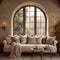 Beige sofa with cushions and plaid against of arched window and stone stucco wall