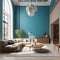 Beige sofa in room with blue wall, arched window and high ceiling. Interior design of modern living room. Created with generative