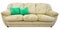 Beige sofa. Soft velour fabric couch. Classic modern divan on isolated background