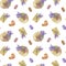 Beige summer vintage hat with lavender flowers, envelope, croissant, macaroon seamless pattern watercolor illustration, romantic