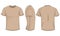 Beige t-shirt mens with short sleeves. Front, back, side view. Isolated on white background