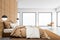 Beige tile and white bedroom, armchair, side view