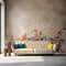 Beige tufted sofa against of concrete wall with colorful mosaic