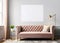 Beige tufted velvet sofa and mock up frame on the wall. Interior design of modern living room. Created with generative AI