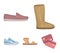 Beige ugg boots with fur, brown loafers with a white sole, sandals with a fastener, white and blue sneakers. Shoes set