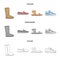 Beige ugg boots with fur, brown loafers with a white sole, sandals with a fastener, white and blue sneakers. Shoes set