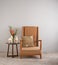 Beige upholstered chair with side table