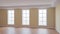 Beige Walls Interior, Three Large Windows, Light Glossy Herringbone Parquet