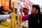 Beijing, China - February 7, 2019: Potato spirals on a stick. Street food festival in Beijing, China.