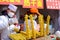 Beijing, China - February 7, 2019: Potato spirals on a stick. Street food festival in Beijing, China.