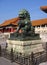 Beijing, China - November 10, 2010: Sculpture of guardian lion at the Gate of Supreme Harmony, the second major gate in the south