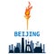 Beijing city skyline, silhouette, torch with flame, symbol sport games. Vector illustration