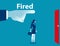 Being fired. Managers fingers showing the exit door to a businesswoman. Concept business illustration. Vector flat.