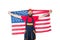 Being grateful for our nation. Happy worker on white background. Hard worker holding american flag. Construction worker