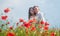 Being in love. summer vacation. happy family among red flowers. spring nature beauty. love and romance. romantic
