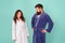 Being sad is a choice. Couple in love look sad. Sad woman and man wear bathrobes blue background. Family conflict