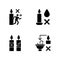 Being safe around candle black glyph manual label icons set on white space
