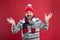 Being surprised. having new year mood. Happy bearded man red background. temperature is below zero. cold weather trends