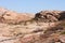 Bektau-Ata Tract. Bektau mountains. Rock formations in Bektau Ata in Kazakhstan in summer. Desert mountains Bektau-Ata.